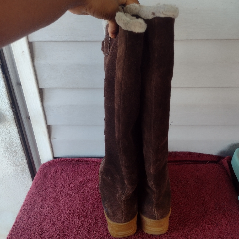 Michael Kors Brown Suede Sheepskin Lace Up Wedge Knee High Boots Size 7.5M - Picture 6 of 10